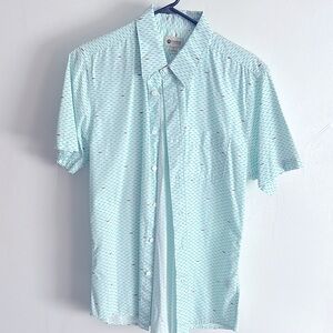 Men’s button down short sleeve shark pattern shirt.